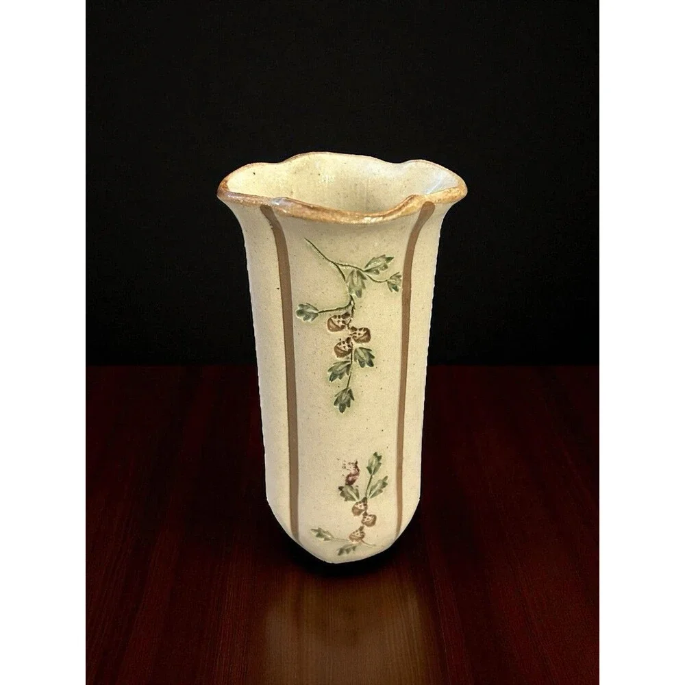 Vtg MPM Vermont Mountain Meadows Pottery Stoneware Vase Acorns & Leaves 5.5